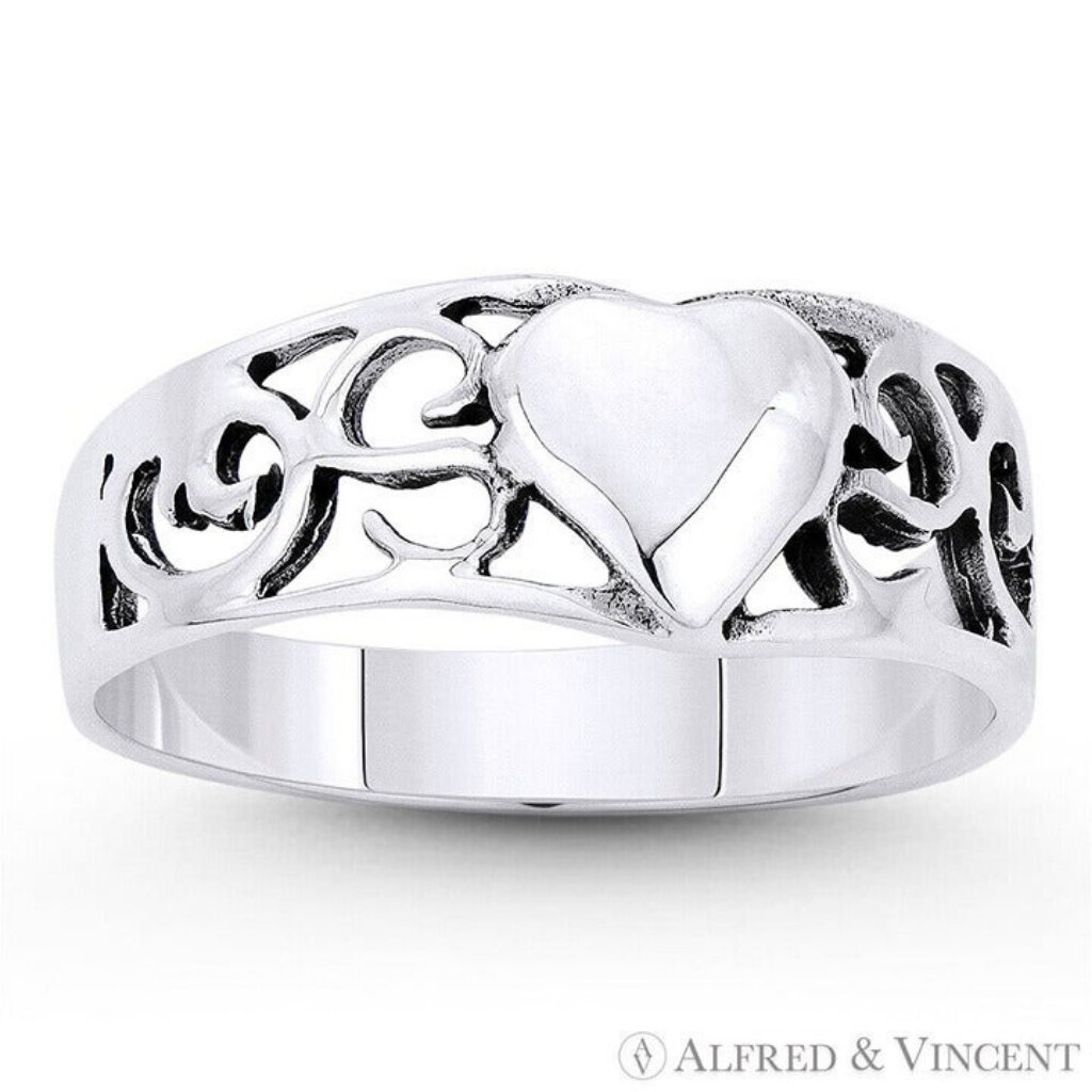 Heart Charm & Filigree Curved Band In Oxidized .925 Sterling Silver - Size 9